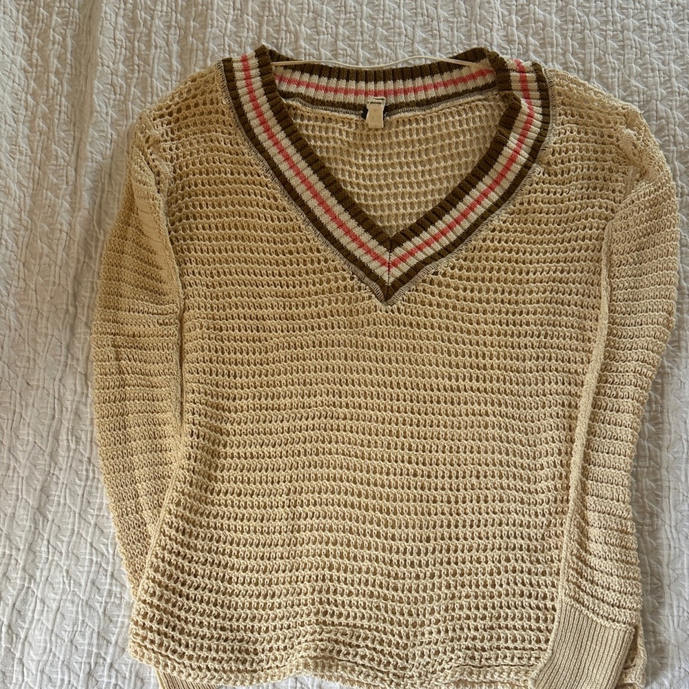 We The Free Beige V-Neck Sweater with Striped Trim